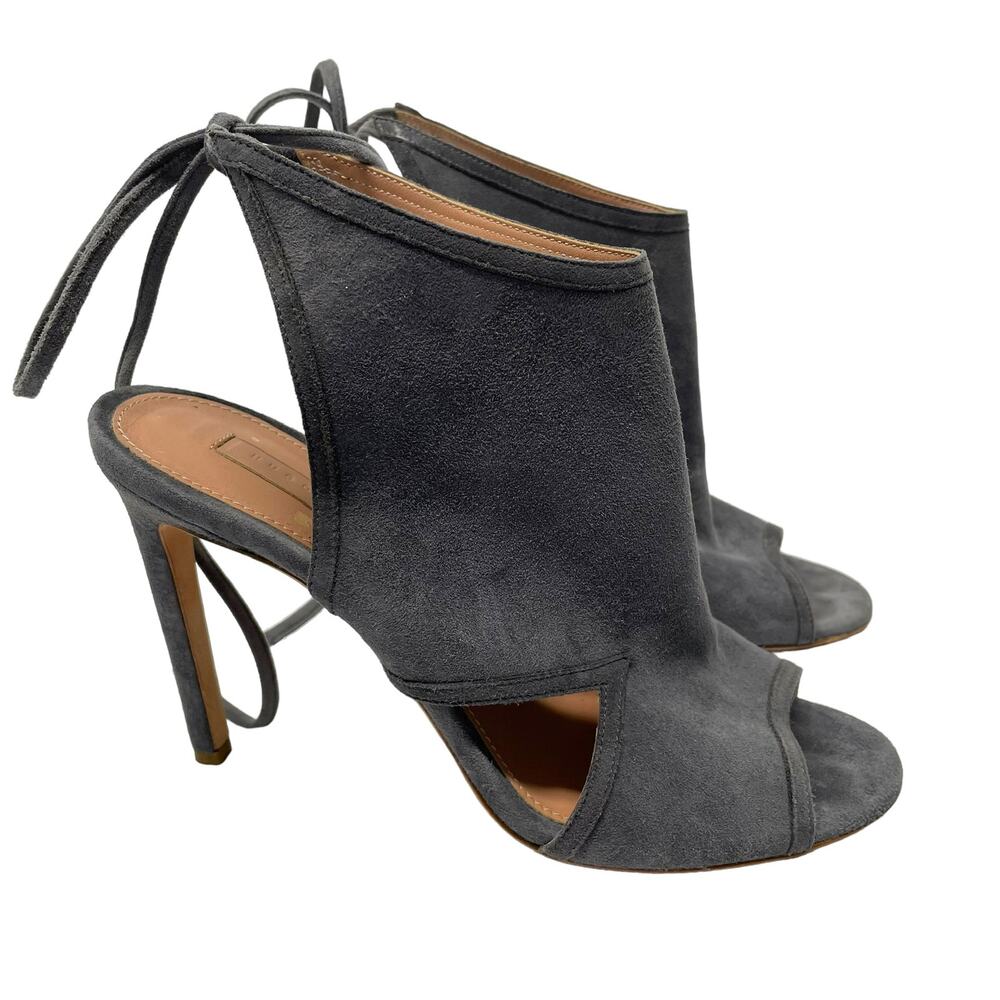 Hugo Boss Gray Suede Heeled Booties Tie Around Ankle Peep Toe 37